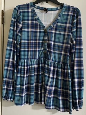 Allison Andrews women’s Blue Plaid Long-Sleeve Peplum Dress